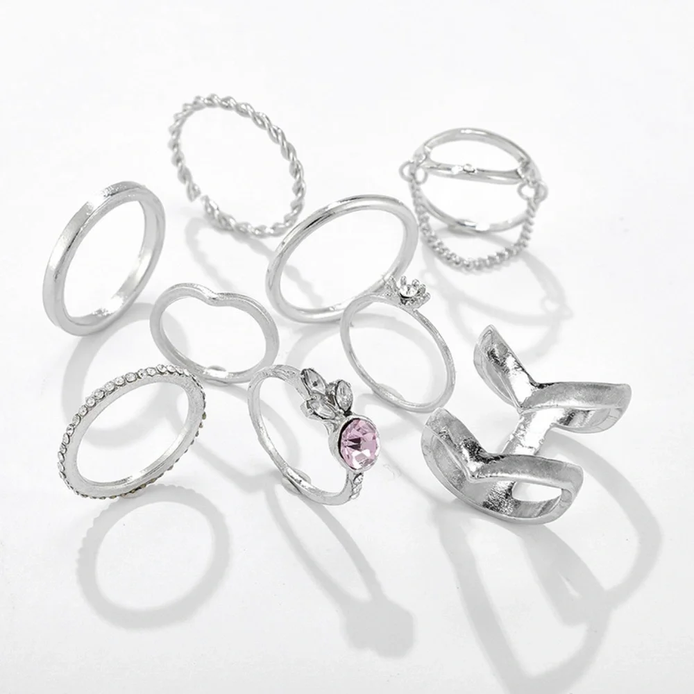 *CONSTANCE* 9-Pc Silver Chain Fashion Ring Set